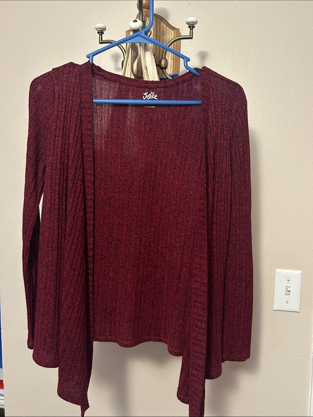 Justice Burgundy Open-Front Ribbed Cardigan